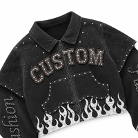 Veste en jean noire unisexe personnalisée, style streetwear, avec strass et patchs lettres imprimés flamme sur le devant, pour motard