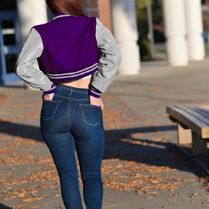 Womens <b>Varsity</b> Crop <b>Jacket</b> <b>Purple</b> Grey Letterman Style Bomber Coat Faux Leather Sleeves - Product Image 5