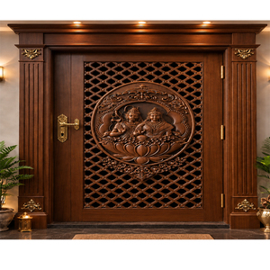 Porte de temple sur mesure en gros, porte de salle de prière indienne haut de gamme avec symbole Om, porte de salle de prière artisanale en teck Gaja Lakshmi - Product Image 3