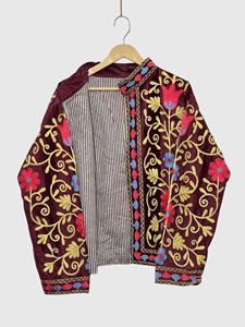 Floral Embroidered <b>Velvet</b> Blouson Mandarin Collar Full Sleeve Plus Size Women's Prairie Chic Autumn Style - Product Image 3