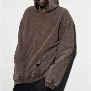 Sudadera con capucha extragrande de forro polar con cremallera y logotipo personalizado, color liso, estilo casual lavado, para otoño, con efecto vintage desgastado por el sol y lavado ácido. - Product Image 4