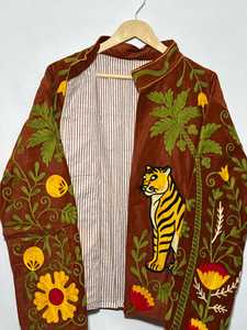 Beautifully Detailed Tiger Snake Palm Tree Statement Rust Suzani Floral Boho Outwear <b>Coat</b> Hand Embroidered Suzani <b>Velvet</b> Jacket - Product Image 4