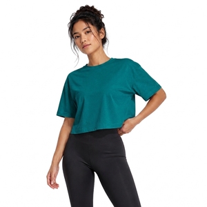 <b>Women's</b> <b>Teal</b> Crop <b>Top</b> Crew Neck Short Sleeve Loose Fit Solid Color Jersey Breathable Casual Spring Summer Wear - Product Image 1