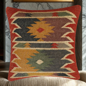 Coussin de chaise carré en laine et jute fait main, motif géométrique abstrait polyvalent, s'adapte à tous les types de chaises - Product Image 2