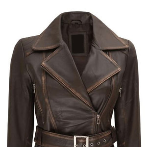 Chaqueta de Motera Asimétrica para Mujer, con Cinturón Ajustable, Estilo Desgastado, en Piel de Cordero Auténtica Hecha a Mano - Product Image 5