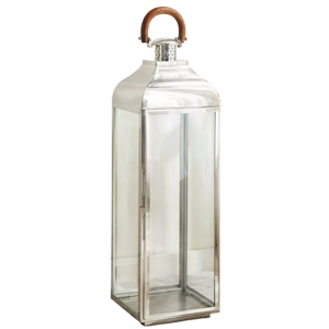 Lanterne unique en verre et métal avec finition nickel argenté brillant et poignée en bois, lanterne à bougie pour décoration extérieure, faite à la main, personnalisable - Product Image 1