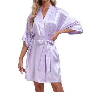 Plain Satin Polyester <b>Robes</b> Wholesale Women Kimono Bridal Bathrobe Bridesmaid Wedding Sleepwear Party <b>Beach</b> V-neck Custom Logo - Product Image 2