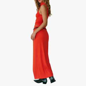 Elegant Women's Red Knitted Two Piece Set Sleeveless Turtleneck Top With Full Length <b>Skirt</b> Casual Spring Summer Wear Maxi <b>Skirts</b> - Product Image 2