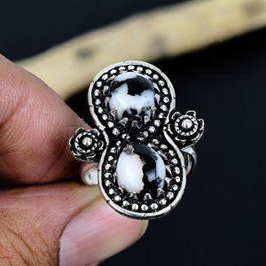 Bague unisexe ajustable en laiton plaqué argent 925, ornée d'une pierre précieuse Bafflo blanche naturelle, faite à la main, design traditionnel - Product Image 2