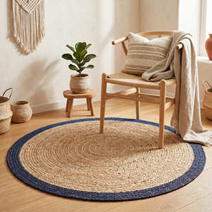 Navy Blue <b>Round</b> Braided Jute Rug, Handwoven Circular Floor Rug for Coastal Living Rooms - Product Image 1