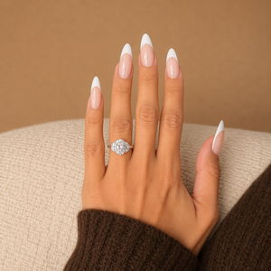 4 TCW Oval Cut Three <b>Stone</b> Lab Grown Diamond Engagement <b>Ring</b> Side Half <b>Moons</b> 14k White Gold IGI Certified VVS2 Clarity E Color - Product Image 4