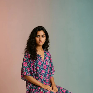 Vestido Kaftán Casual de Manga 3/4 con Cuello en V, Estilo Bohemio Floral, para Mujer, 100% Algodón - Product Image 1