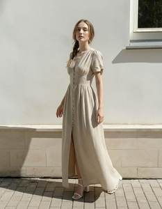 เสื้อผ้าแฟชั่นมาแรงปี 2023 เสื้อผ้าผู้หญิงสไตล์โบโฮ ผ้าลินิน คอวี ติดกระดุม ชุดเดรสทรงเอไลน์ยาวปานกลาง ชุดเดรสผ้าลินินติดกระดุมด้านหน้าสำหรับผู้หญิง - Product Image 2