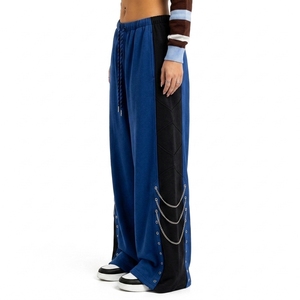 Women's Custom Loose Fit Wide Leg Pants <b>Drawstring</b> Waist Contrast Panels Chain Detail Streetwear Fashion <b>Trousers</b> - Product Image 3
