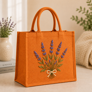 Sac fourre-tout en jute orange avec broderie lavande, style bohème, doublure en coton - Sac de voyage et de plage, sac de shopping - Product Image 1