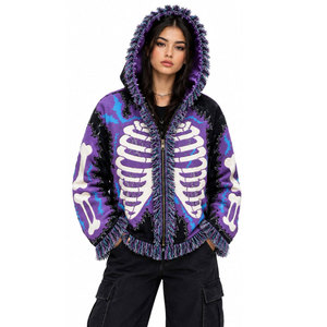 Purple <b>Gothic</b> Skeleton Print Hoodie Women's Winter Zip-Up Fleece <b>Jacket</b> With Fur Trim Full Sleeve Design Hoodie - Product Image 5