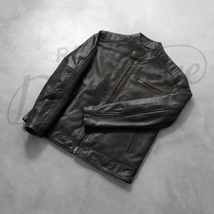 Men's Premium Black Real Leather Racer <b>Jacket</b> - Slim Fit Genuine <b>Sheepskin</b> Biker Coat with Snap Tab Collar and Zip Pockets - Product Image 2