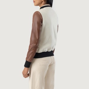 Women's Black Varsity <b>Jacket</b> With Faux <b>Leather</b> Sleeves Button Closure Stand Collar Autumn Wear - Product Image 5