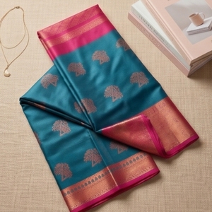 Blue <b>Silk</b> Saree with Intricate Tree Motifs and Pink Border Long Style - Product Image 5