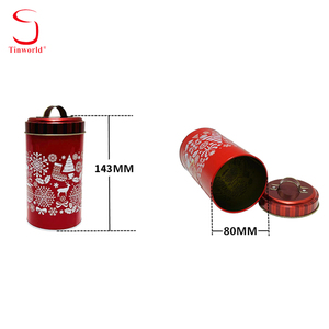 Scatola di Latta Rotonda Cilindrica con Manico in Pelle, Motivo Natalizio Rosso, Personalizzabile per Caramelle e <span class=keywords><strong>Biscotti</strong></span>, Vendita all'Ingrosso OEM - Product Image 3