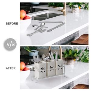 Minimalist Metal <b>Cutlery</b> Organizer with 3 White Rectangular Pots for Kitchen <b>Storage</b> Holders Standing Type Durable Design - Product Image 3