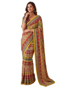 RN Traditional Indian Ethnic Digital Ajrak Print Elegant <b>Saree</b> Mirror Work for Women <b>Red</b> Yellow Floor Length Polyester Quick Dry - Product Image 4