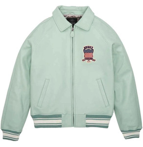 Chaqueta Bomber de PU Verde Claro para Hombre Avirex con Parche Bordado, Cuello Camisero, Cierre de Cremallera, Ropa Casual de Otoño, Precios Bajos - Product Image 3