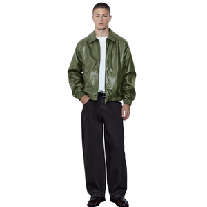 Blouson Bomber Homme Vert Olive en Cuir Véritable Style Streetwear Col Chemise Fermeture Éclair Manches et Ourlet Élastiques Coupe Décontractée Vêtement d'extérieur Premium - Product Image 3