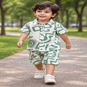 Vêtements pour enfants tendance, costume d'été pour garçons, ensemble t-shirt à manches courtes en coton décontracté pour garçons + short avec imprimé indien fait main pour enfants - Product Image 1