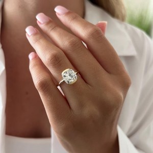 3 Carat Cushion E VVS2 Lab Grown Diamond Half Bezel Engagement <b>Ring</b> , 14k Yellow Gold <b>Thin</b> Solitaire <b>Ring</b>, IGI Certified - Product Image 1