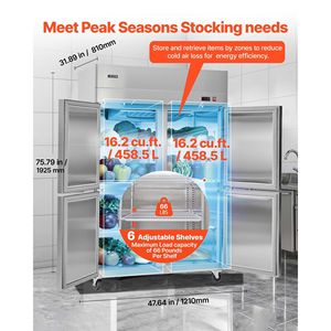 Équipement de réfrigération pour cuisine commerciale, réfrigérateur vertical à dégivrage automatique de 31,89 pouces de largeur et 31,4 pieds cubes avec quatre portes - Product Image 4