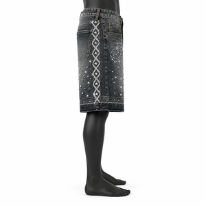 Shorts en jean personnalisés brodés de strass pour hommes, style vintage délavé, coupe ample, streetwear, OEM ODM, vente en gros - Product Image 6