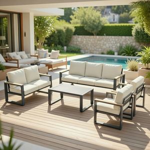 Set di Mobili da Giardino in Alluminio Ultra Resistente a 5 Pezzi, Divano Conversazione a 7 Posti con Cuscini Beige Extra Spessi da 10 Pollici - Product Image 2