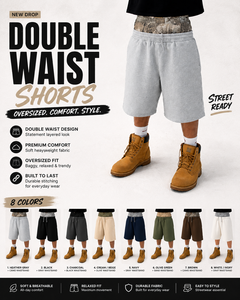 Shorts en toile à double ceinture pour hommes |   Style streetwear superposé |   Coupe ample |   Fermeture à cordon respirante |   100% coton | - Product Image 2