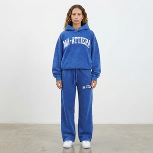 Conjunto de Sudadera Oversize Azul Lavado Personalizado y Pantalones Anchos de Felpa para Mujer, Chándal de Algodón Estilo Urbano OEM ODM - Product Image 1