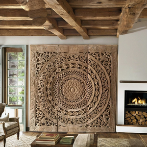 Paneles Decorativos de Madera de Teca Grabados, Cuadrados, de 3 pies, 100% Hechos a Mano, de Alta Resistencia, Ecológicos, Decoración Clásica Tailandesa para el Hogar - Product Image 1