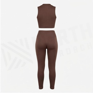Conjunto de Yoga de 2 Piezas North Approach, Top Corto sin Mangas con Cintura Alta y Leggings Largos, Color Marrón Sólido, Ropa Deportiva - Product Image 2