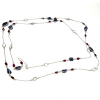 Collier Bohème en Tanzanite Naturelle, Rubis et Aigue-marine, en Argent Sterling 925, Longueur 46 Pouces, Fait Main, Certifié par un tiers