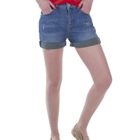 Shorts de Mezclilla para Mujer, Cintura Media, Dobladillo con Volantes, Estilo Casual, Tela de Algodón Lavado Azul, con Bolsillos, Cierre con Botones
