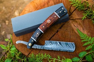 Damascus Steel Sheepsfoot Knife Wood Handle Straight Edge Thumb Knob Folding <b>Camping</b> Knife 8" In Overall Length - Product Image 3