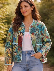 Premium Handmade Inspired Kantha <b>Quilted</b> Winter Thick <b>Jacket</b> for Women Vibrant Turquoise Cotton Outerwear Reversible Bohemian - Product Image 6