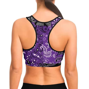 Sujetador deportivo para mujer con estampado de cachemira morado, espalda cruzada, soporte medio, cuello cuadrado, transpirable, top de fitness de elastano y poliéster - Product Image 2