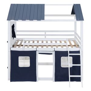Elegante Letto a Castello in Legno Blu e Bianco con Finestre e Tenda per Bambini - Product Image 3