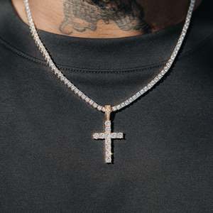 Collier pendentif croix en argent sterling plaqué or pour homme, chaîne tennis style hip-hop avec pierres, pour usage quotidien - Product Image 2