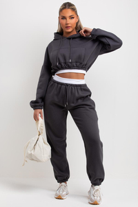 Survêtement pour femmes à manches longues, sweat à capuche court avec pantalon à cordon de serrage, vêtements de sport décontractés, survêtement personnalisé pour femmes - Product Image 3