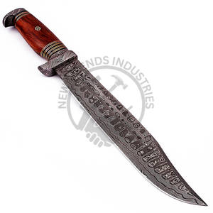 Cuchillo de caza Bowie de acero de Damasco de 16 pulgadas hecho a mano con mango de madera y clip de Damasco, cuchillo de supervivencia de hoja fija afilada y duradera. - Product Image 1