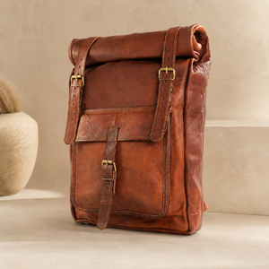 Vintage Brown Leather <b>Roll</b> <b>Top</b> <b>Backpack</b> Buckle Travel Rucksack Laptop Bag for Men Women Daily Office Use - Product Image 1