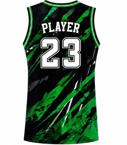 Maillot de basketball personnalisé sublimé pour homme, sans manches, col en V, anti-humidité, polyester/coton, imprimé vert et noir, coupe classique - Product Image 2