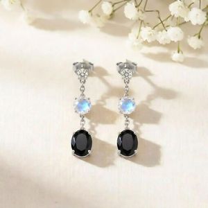 <b>Rainbow</b> Moonstone and Black Obsidian Dangle <b>Drop</b> Earrings with CZ Accent Elegant Round Gemstone Earrings in 925 Sterling Silver - Product Image 1