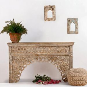Pied de console en bois de manguier massif sculpté de style indien traditionnel, motif floral gravé, pour villa, hôtel, salon, entrée - Product Image 1